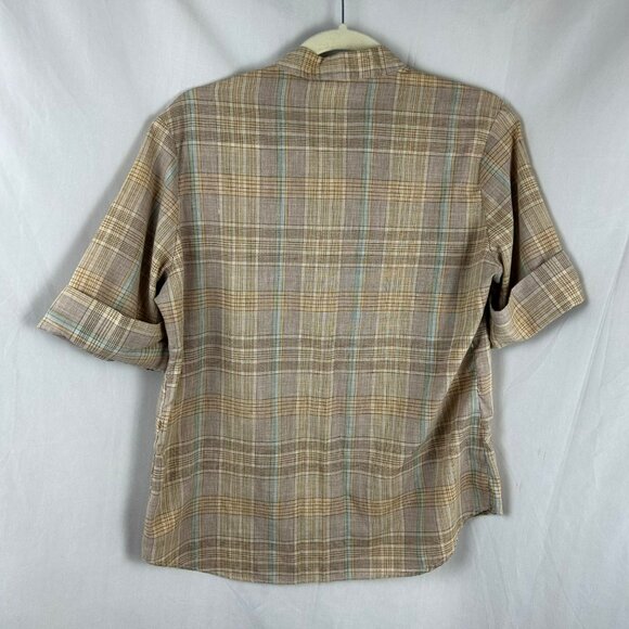 Vintage 80s Carousel Plaid Shirt Women Large Brown Popover Short Sleeve Retro - Picture 6 of 7